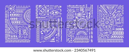 Ethnic posters set. Ancient Aztec tribal cards, interior wall arts with Navajo symbols. Mexican ornaments, patterns, vertical decorations with shapes, lines, elements. Drawn vector illustrations