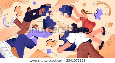 Teamwork, team building concept. People connect pieces of puzzle together, men and women make corporate business goal, success solution in collaboration, create unity company. Flat vector illustration