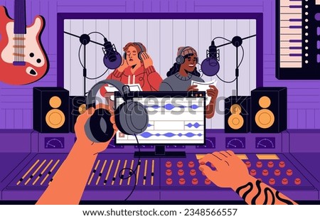 Music recording studio. Sound engineer at mixer console records song, voice at control room with equipment. Singer with microphone behind glass. Professional audio production. Flat vector illustration