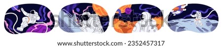 Astronauts in outer space set. Cosmonauts travel to planets, mars, moon. Spacemen in spacesuits exploring universe, galaxy. Astronomy mission. Flat vector illustration isolated on white background