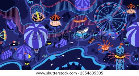 Childish amusement park at night. Fun summer evening on carnival, lights of attractions, carousel. Family recreation, leisure on funfair. People ride on rollercoaster, wheel. Flat vector illustration