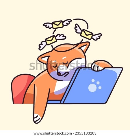 Dog sleep on laptop concept. Cute Shiba tired of answering mails, reply messages. Worker rests on freelance, puppy relaxes on pause, procrastination on online work. Flat isolated vector illustration
