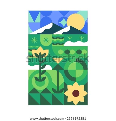 Geometric green landscape poster. Summer meadow, field with flowers in cubist art style. Sunflower, grass on card. Modern stylized vertical cover with plants. Geometry flat vector illustration
