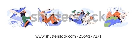 Air trip concept. Flight on aircraft. People flying in travel, choose direction of journey on globe. Character fly on plane. Person holds airplane. Flat isolated vector illustration on white