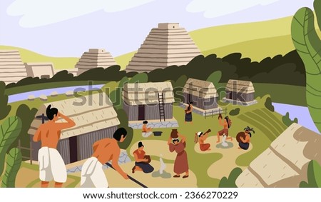 Ancient Mayan village with huts. Maya civilization life. Native American, Indian tribe cooking, working. Aztec pyramids, religion. Mexican landscape with tribal buildings. Flat vector illustration