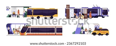 Urban transport, public vehicle set. Bus, train, taxi arrive to station. People standing, waiting transfer on stop. City infrastructure. Flat isolated vector illustration on white background