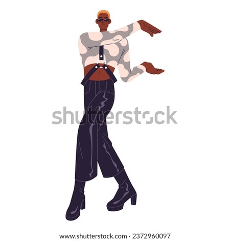 Fashionable man in sunglasses perform vogue. Performer dancing contemporary, modern dance, move hands. Dancer wearing trendy outfit, high heels. Flat isolated vector illustration on white background