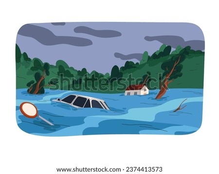 Flood, deluge, inundation disasters. Submerged city, landscape. Houses, cars douse in water stream. Weather cataclysm, natural catastrophe, tsunami. Floodwater calamity. Flat vector illustration