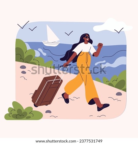 People rest on sea resort. Young woman in sunglasses walking on beach, rolling luggage on coast. Tourist with suitcase on shore. Summer holiday, vacation travel. Flat isolated vector illustration