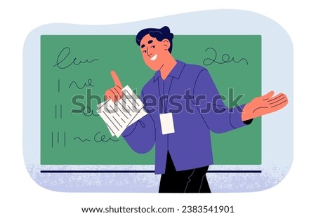 Lecturer explains report on lecture. Man teaches near blackboard, speaker talk about education, leader speaking on conference. Public speech at school. Flat isolated vector illustration on white.