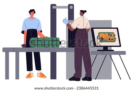 Officer screening baggage on conveyor. Airport safety worker checking luggage on xray. Customs control. Passenger on metal detector scan area. Checkpoint flat isolated vector illustration on white