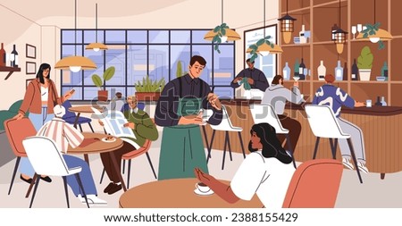 Cafe interior. Woman drink coffee on the table, indoor. People with cocktails sitting at bar counter. Professional waiter in apron take order. Friends meeting in restaurant. Flat vector illustration