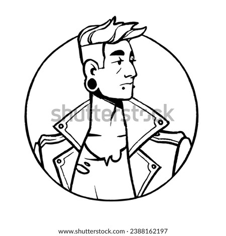 Brutal man face avatar in circle. Cool rock star, male character in leather jacket, tunnel earring, piercing. Person in rocker style head portrait. Outline isolated vector illustration on white