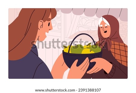 Farm food market. Granny in headscarf sells organic fruit, extend apple basket. Woman buy fresh natural product by elderly farmer. Old gray lady works on local harvest fair. Flat vector illustration