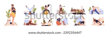 Pregnancy sport exercise set. Happy pregnant women training, workout. Prenatal yoga, meditating. Mothers with belly care about body, health. Flat isolated vector illustration on white background