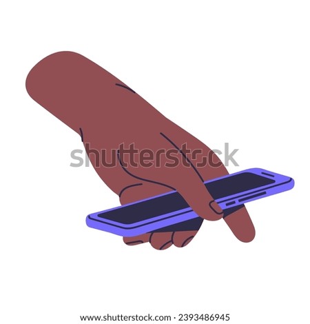 People hold, carrying turned off smartphone in hand. Mobile phone with black screen, switched off cellphone. Digital detox. Modern device for communication. Flat isolated vector illustration on white