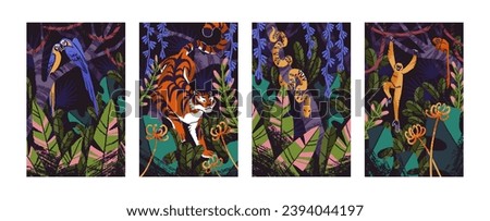 Jungle flora and fauna set. Tropical animal in rainforest: tiger, monkey, snake, blue macaw. Amazon parrots, exotic python on tree. Golden marmoset, gibbons in palm leaves. Flat vector illustration