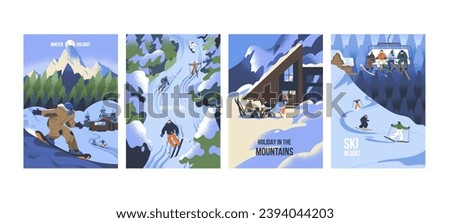 Person snowboarding on mountain. People skiing on track, slope. Group of characters lifts on cable cars, funicular. Holidays in winter resort. Snow vacation. Sport tourism. Flat vector illustration