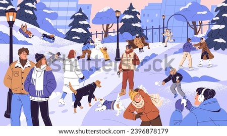 People doing winter activities in park panoramic view. Kids play snowballs, family builds snowman, couples walking, ice skating. Characters strolling dogs in snow weather. Flat vector illustration