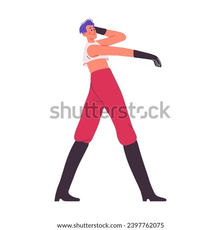 Vogue style performance. Happy dancer performs contemporary dance. Young man in gloves moves arms by modern music. Stylish guy in high boots on party. Flat isolated vector illustration on white