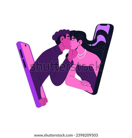 Online dating service concept. Romantic couple kiss. People in relationship by smartphone. Internet acquaintance in phone date app. Love in chat. Monochrome flat isolated vector illustration on white