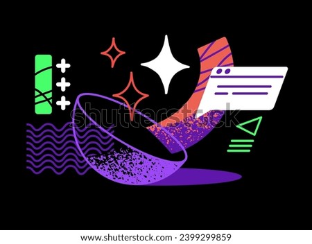 Abstract geometric shapes, figures. Neon element composition with hemisphere. Speech bubble in online chat, message, email. Communication in messenger concept. Flat isolated vector illustration