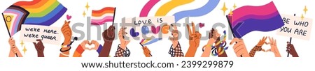 People hold LGBT progressive, lesbian, bisexual flags. Hands with rainbow posters gesturing hearts. LGBTQ community. Gay parade banner. Pride month meeting. Flat isolated vector illustrations on white