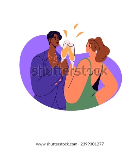 Happy women celebrate event. Friends communicate, cheers, drink alcohol on festive party. Girls in elegant dress holding glass of champagne, sparkling wine. Flat isolated vector illustration on white