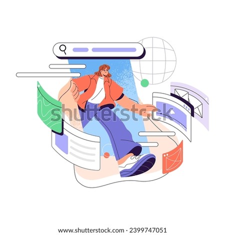 User explore information using search bar in browser. Young woman surfing internet, research online content of website, browsing social networks. Flat isolated vector illustration on white background