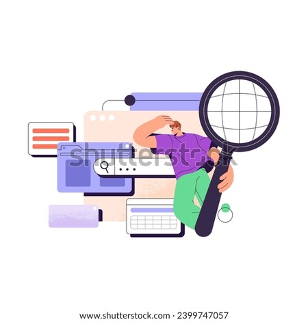 People using search engine, string to find information. User explore online content in internet browser. SEO analysis concept. Tiny guy holds magnifier. Flat isolated vector illustration on white