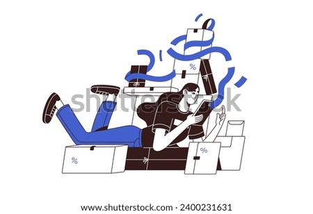 Sales, discounts concept. Shopaholic on online shopping. Customer buy, purchase goods in internet store. Woman lying on boxes, order packages. Contour flat isolated vector illustration on white