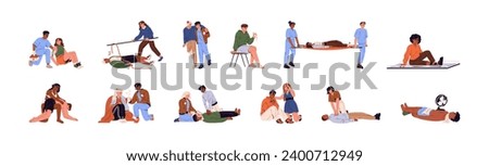 First aid people set. Different emergency help accident victims with injuries. Person with bandage on stretcher. CPR, rescue techniques from heart attack. Flat isolated vector illustration on white