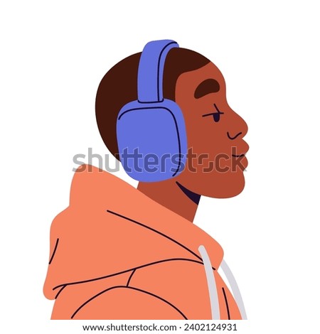Young black man listening music with headphones. Relaxed guy portrait side view. Male avatar, user profile. Boy with headset on head, calm face. Flat isolated vector illustration on white background