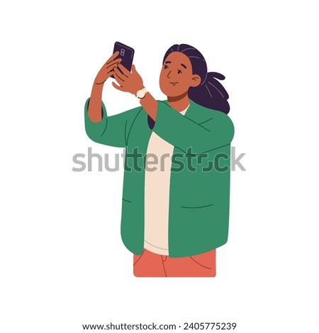 Happy teenager smiles, posing for selfie snapshot. Smile teen boy take photo, photography by smartphone. Person with dreadlocks holds phone, shot. Flat isolated vector illustration on white background