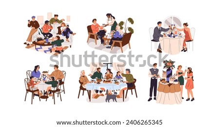 People eating at the festive table set. Family have dinner together. Friends have lunch for pizza. Couple on date in restaurant. Women drink coffee in cafe. Flat isolated vector illustration on white