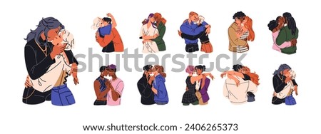 Diverse couples kiss set. People love, show soft feelings, affection. Happy lesbians, gays hug. Different romantic pairs. LGBT relationships. Flat isolated vector illustration on white background