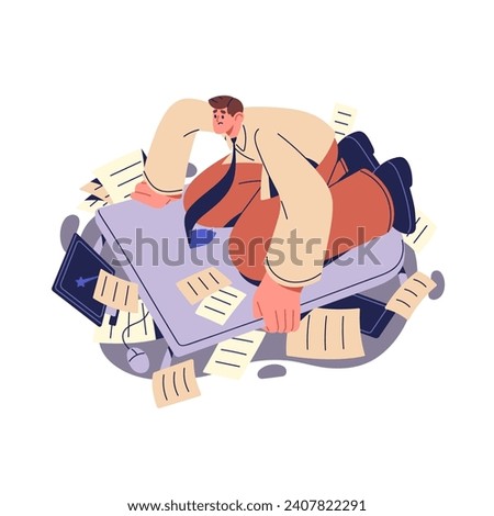 Work overload concept. Depressed office worker stress with lots of documents, papers. Tired employee swimming, floating in paperwork overflow. Flat isolated vector illustration on white background