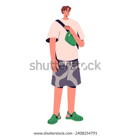 Happy young man in summer outfit carrying waist bag. Stylish guy in urban rubber slipper wearing oversize tshirt. Cute boy in modern look. Flat isolated vector illustration on white background