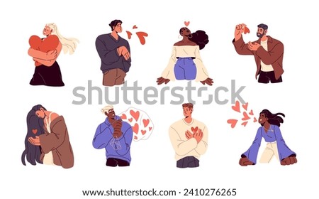 Happy people falling in love concept set. Different characters share, protect warm feelings. Girl holds heart, hugs romantic symbol. Person self cares. Flat isolated vector illustration on white