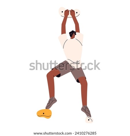 Young man climbing on bouldering wall. Climber upwards on artificial rock in mountain park. Sportsman gripping up, holds of stones on height. Extreme sport. Flat isolated vector illustration on white