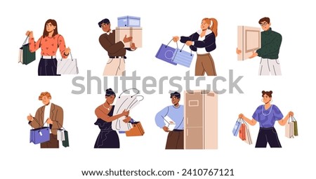 People hold lots of shopping bags set. Shopaholic with goods packages. Customers buy new household appliances in boxes. Consumers carry purchases. Flat isolated vector illustration on white background