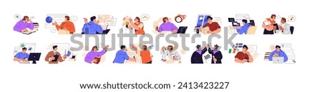 Students learning set. People study at school, read books, solve maths. Pupil prepares for exams. Language courses. Graduation. Education concept. Flat isolated vector illustration on white background