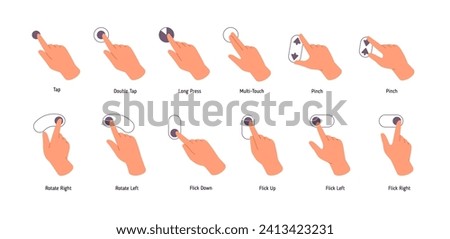 Hand, finger touchscreen gestures set. Different tutors of using touchpad, sensor screen: tap, multi touch, press, pinch, flick, rotate signs. Flat isolated vector illustration on white background