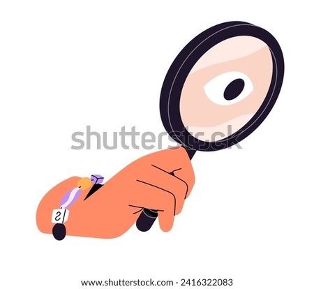 Person holds magnifying glass in hand. People observe, look through magnifier. Character searches information in internet, seeks with loupe. Flat isolated vector illustration on white background