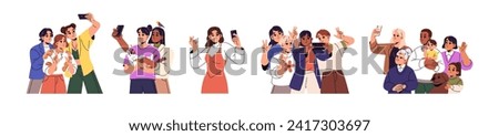 Happy people photography set. Family smiles, taking joint photo, selfie together. Group of friends photographing with pets, posing, gesturing. Flat isolated vector illustration on white background