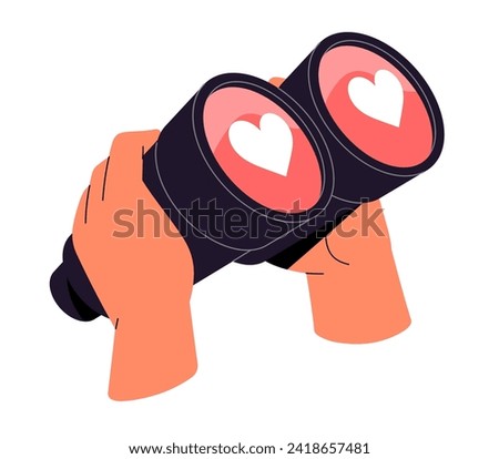 Person holds glasses with heart signs on lens in hands. People look through binoculars, search love, romantic relationship on dating services. Flat isolated vector illustration on white background