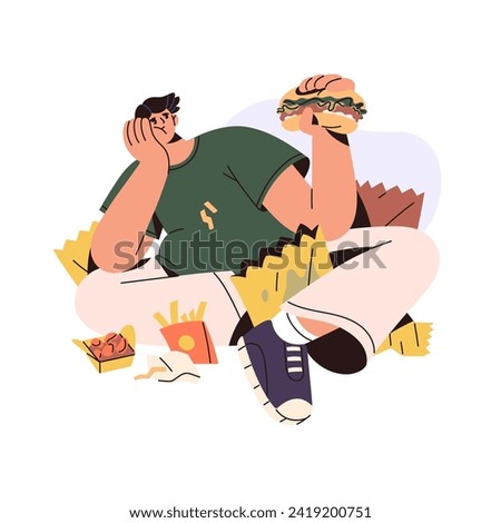 Binge eating concept. Sad guy eats lots of fast food, hamburger. Fat man holds burger. Problems with unhealthy nutrition. Psychological disorder. Flat isolated vector illustration on white background