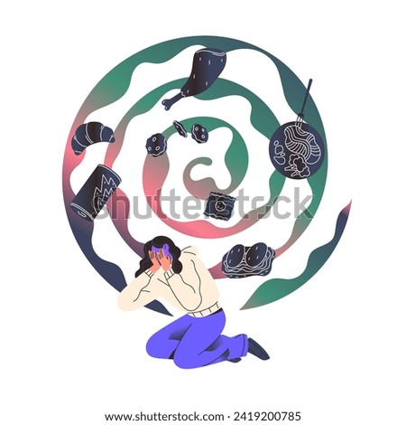 Eating disorder concept. Girl with overeating control trouble. Woman obsession of food. Cycle of unhealthy nutrition. Psychological problems. Flat isolated vector illustration on white background