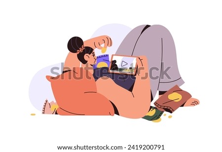 Binge eating concept. Girl eats lots of crisps during watch movie. Problems of unhealthy food. Overeating at home leisure. Psychological disorder. Flat isolated vector illustration on white background