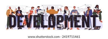 Programming development inscription, word. People coding, analyse, communicate. Professional coder team works together with business web project. Flat isolated vector illustration on white background